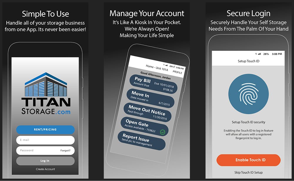 Titan Storage’s custom mobile app demo screenshot of user interface for opening gate and door, paying bill, contact manager