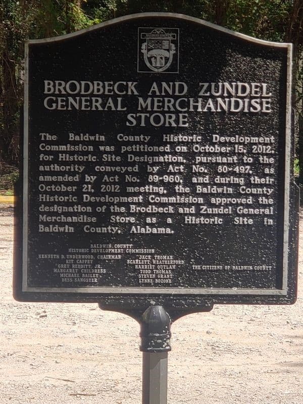 Historic Marker for the site of the Brodbeck and Zundel General Merchandise Store in Point Clear, AL